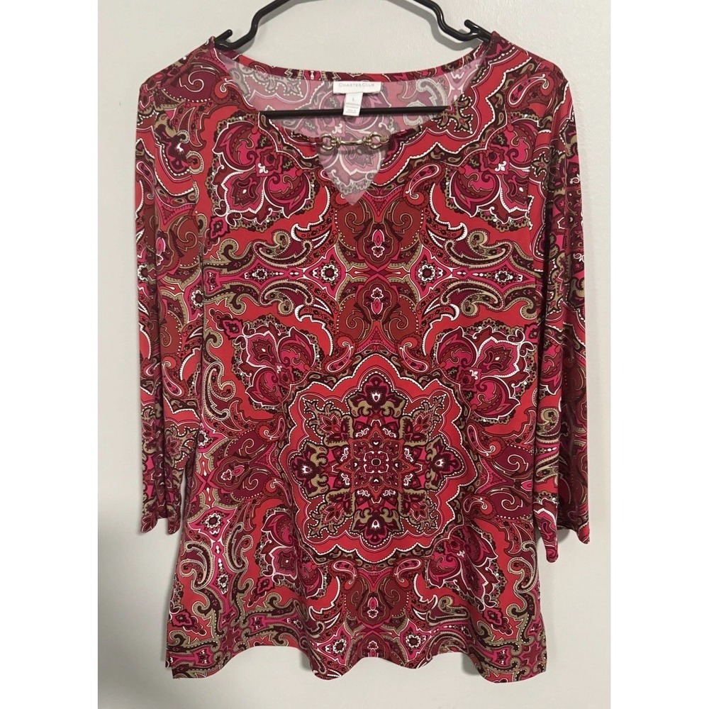 Charter Club Top Women's Size Large Red Pink Paisley 3/4 Sleeve Gold Tone Chain